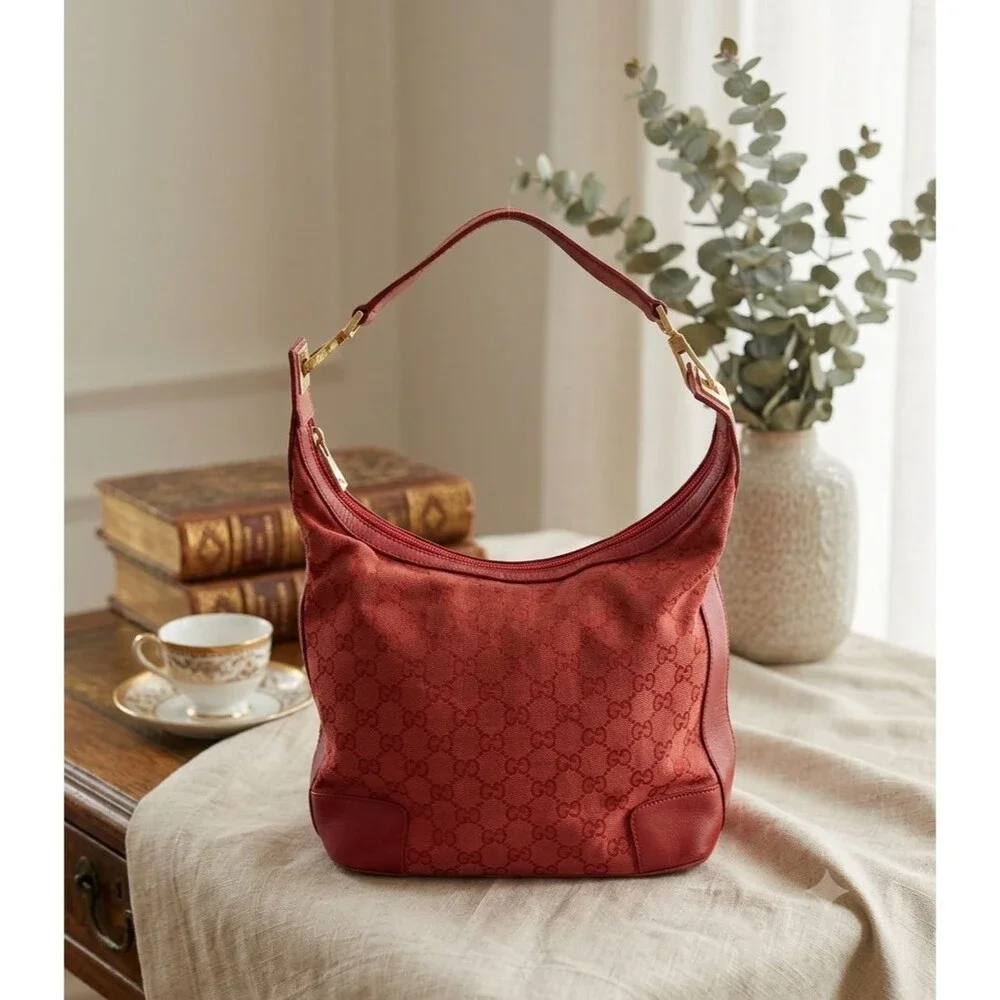 Gucci GG Canvas Hobo Bag Red Model 001‑4204 Leather Trim Gold Hardware Shoulder